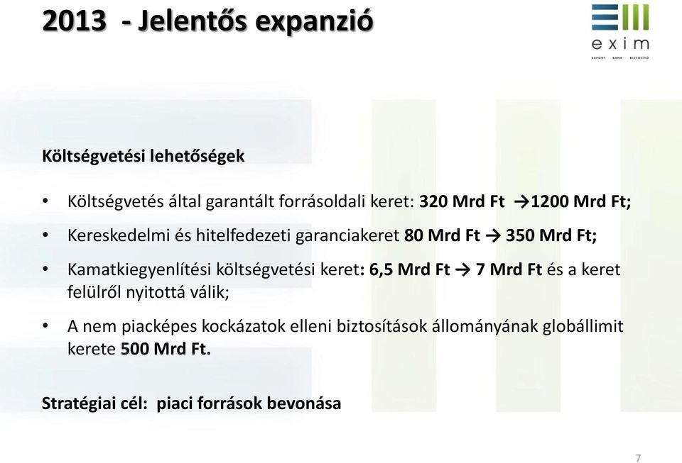 költségvetési keret: 6,5 Mrd Ft 7 Mrd Ft és a keret felülről nyitottá válik; A nem piacképes kockázatok