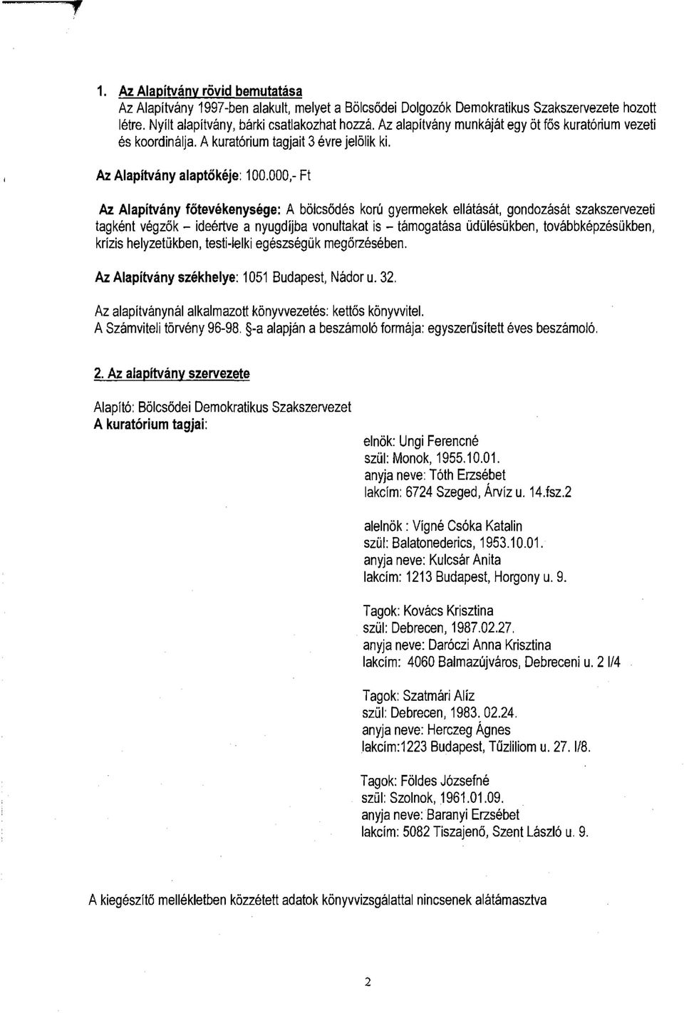 000,- Ft Az Alapítvány főtevékenysége: A bölcsődés korú gyermekek ellátását, gondozását szakszervezeti tagként végzők - ideértve a nyugdíjba vonultakat is - támogatása üdülésükben, továbbképzésükben,