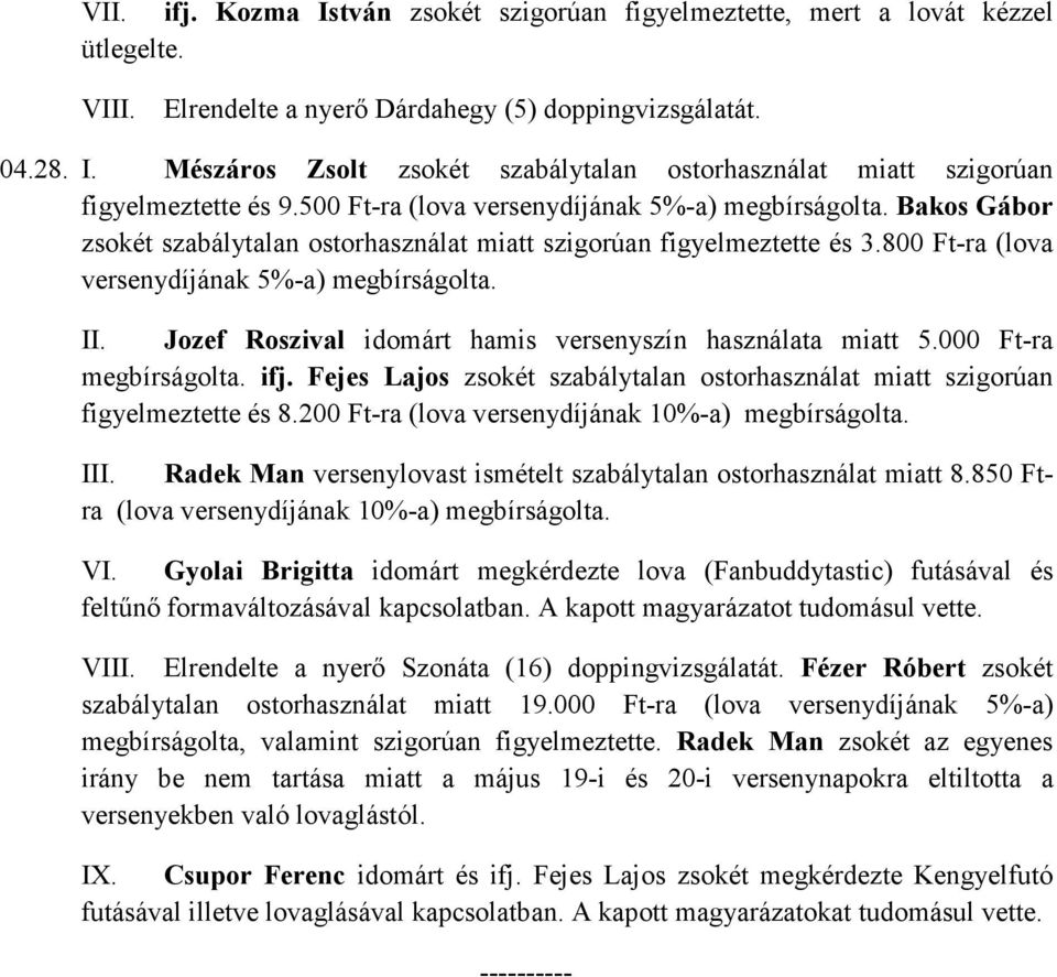 Jozef Roszival idomárt hamis versenyszín használata miatt 5.000 Ft-ra megbírságolta. ifj. Fejes Lajos zsokét szabálytalan ostorhasználat miatt szigorúan figyelmeztette és 8.