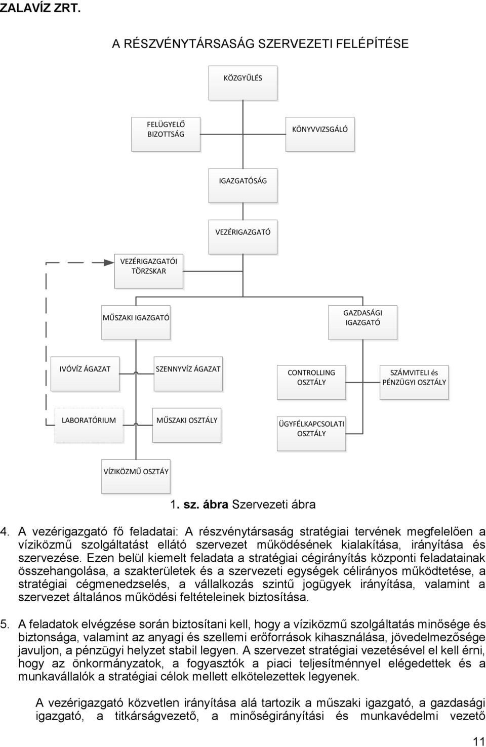 A vezérigazgató fő feladatai: A részvénytársaság stratégiai tervének megfelelően a víziközmű szolgáltatást ellátó szervezet működésének kialakítása, irányítása és szervezése.