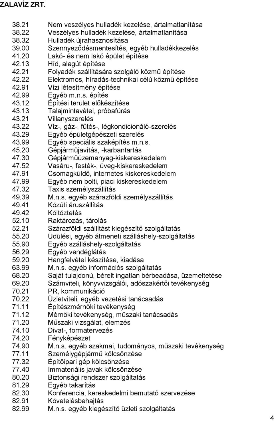 91 Vízi létesítmény építése 42.99 Egyéb m.n.s. építés 43.12 Építési terület előkészítése 43.13 Talajmintavétel, próbafúrás 43.21 Villanyszerelés 43.22 Víz-, gáz-, fűtés-, légkondicionáló-szerelés 43.