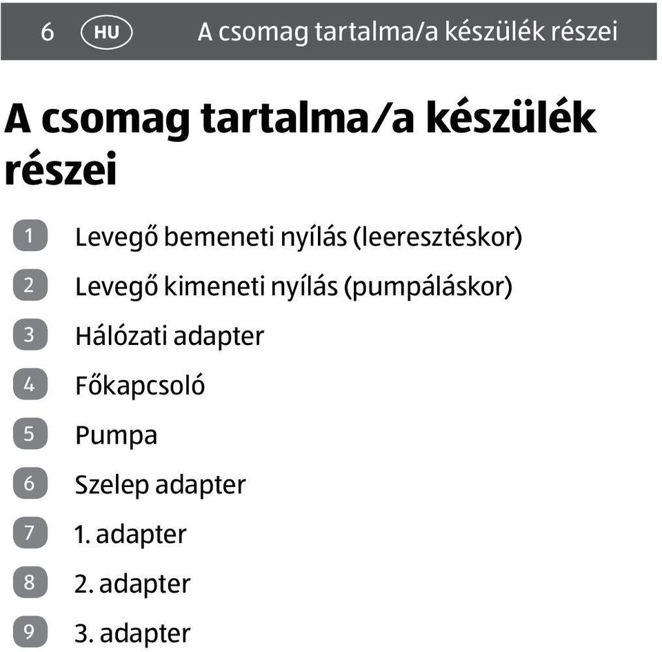 Levegő kimeneti nyílás (pumpáláskor) 3 Hálózati adapter 4