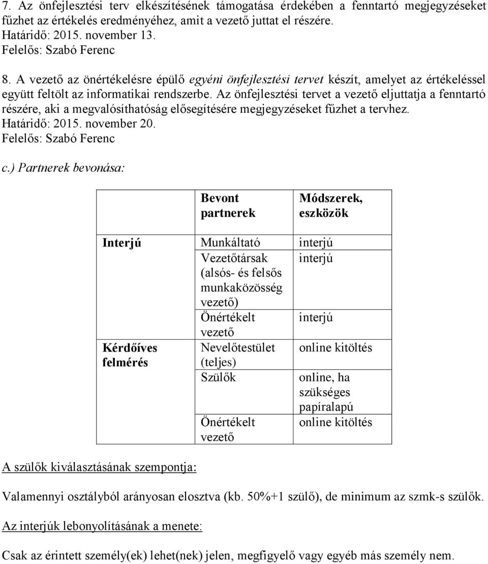 Az önfejlesztési tervet a vezető eljuttatja a fenntartó részére, aki a megvalósíthatóság elősegítésére megjegyzéseket fűzhet a tervhez. Határidő: 2015. november 20. Felelős: Szabó Ferenc c.