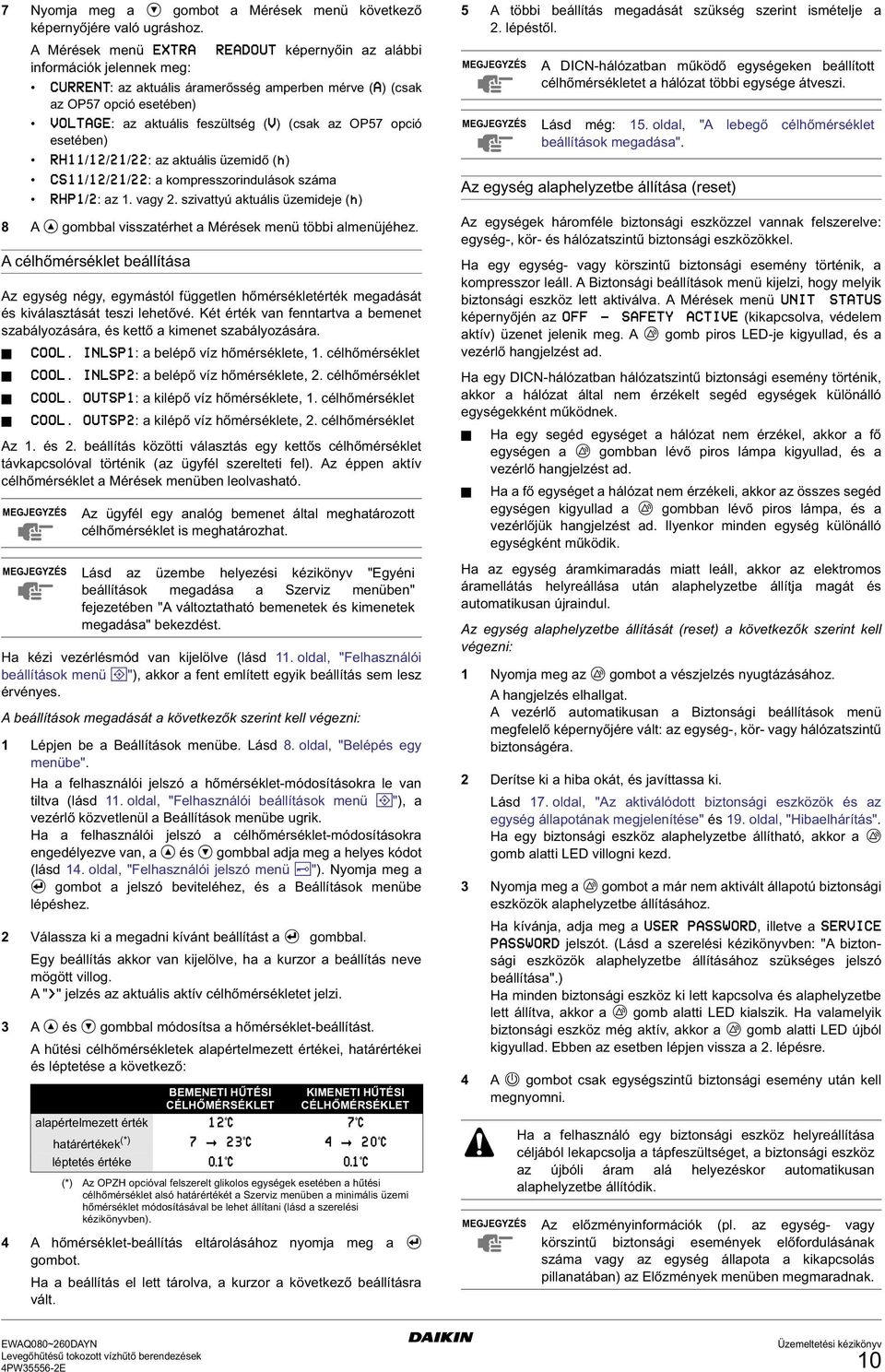 opció RH11/12/21/22: az aktuális üzemidő (h) CS11/12/21/22: a kompresszorindulások száma RHP1/2: az 1. vagy 2.