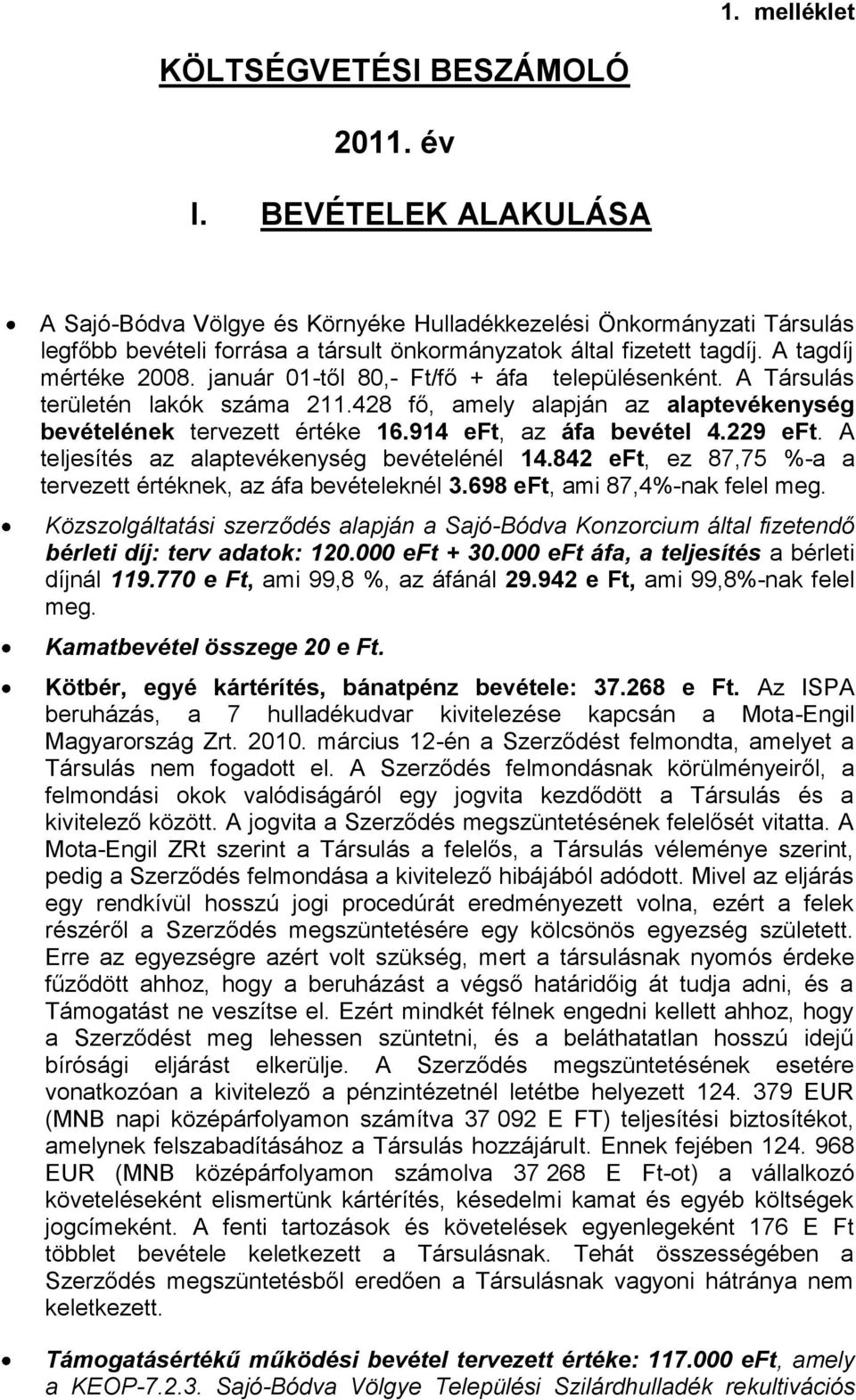 január 01-től 80,- Ft/fő + áfa településenként. A Társulás területén lakók száma 211.428 fő, amely alapján az alaptevékenység bevételének tervezett értéke 16.914 eft, az áfa bevétel 4.229 eft.