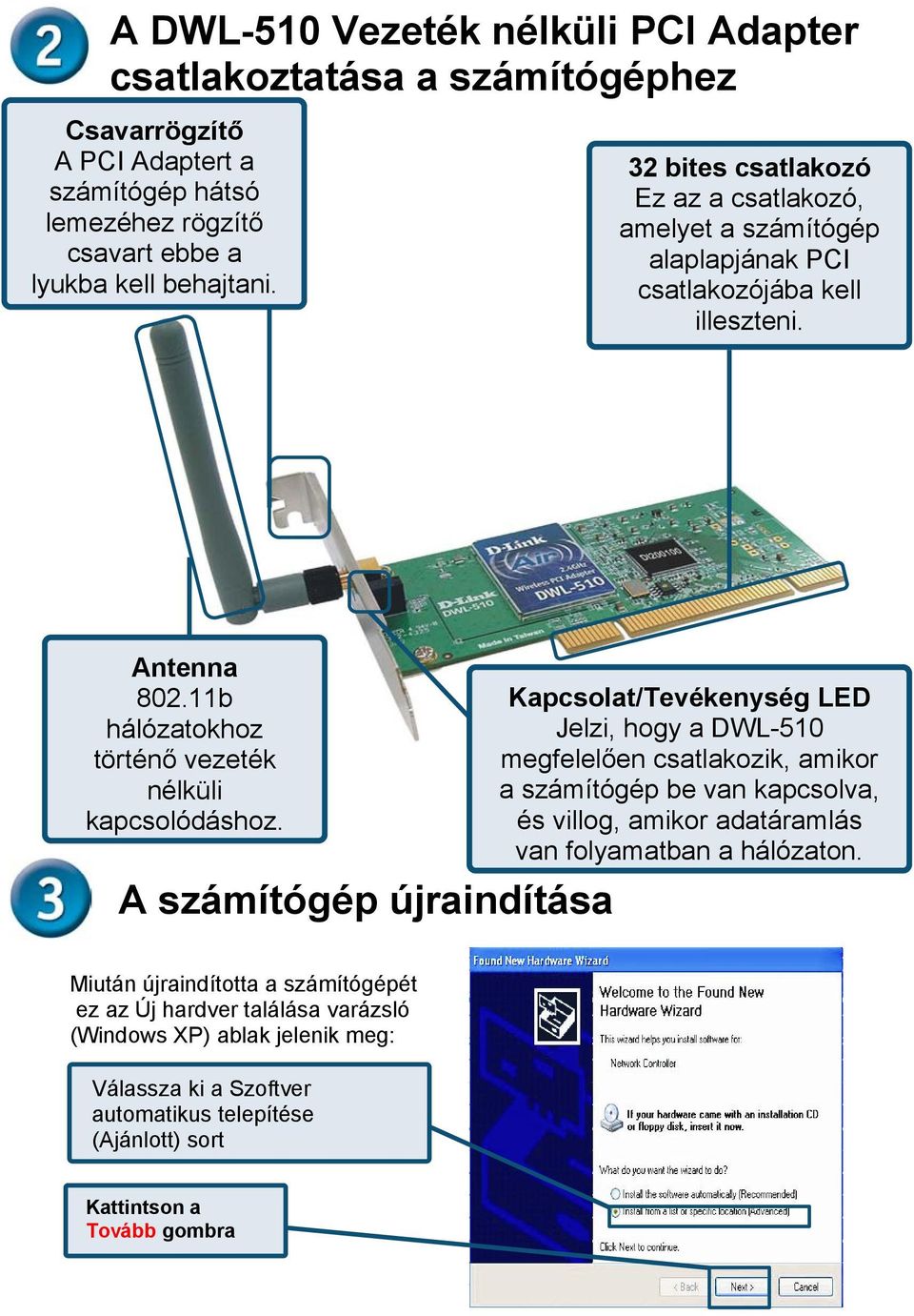 A számítógép újraindítása Kapcsolat/Tevékenység LED Jelzi, hogy a DWL-510 megfelelően csatlakozik, amikor a számítógép be van kapcsolva, és villog, amikor adatáramlás van folyamatban a