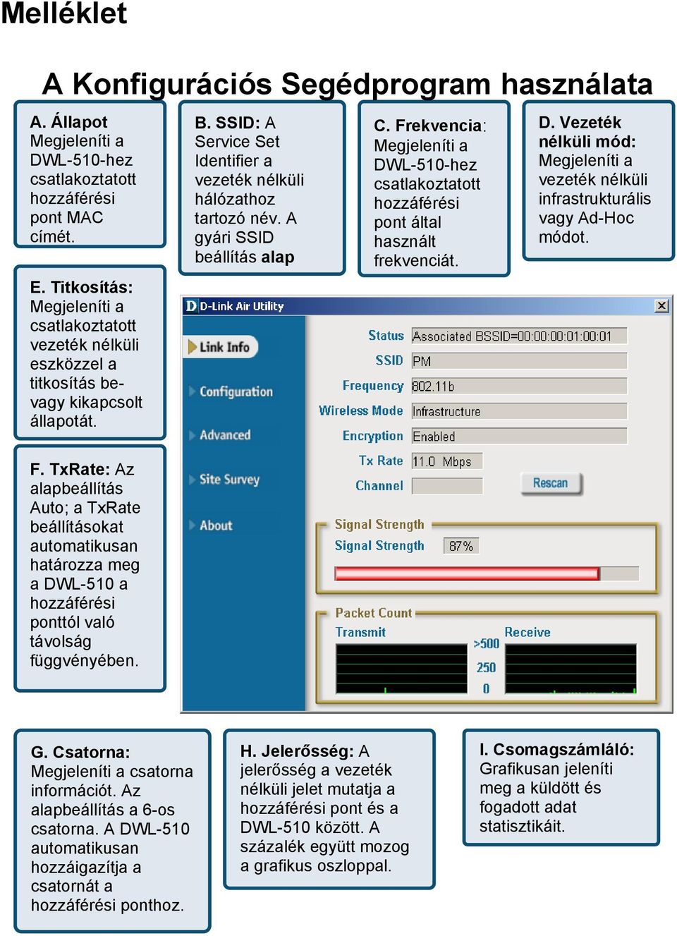 A gyári SSID beállítás alap C. Frekvencia: Megjeleníti a DWL-510-hez csatlakoztatott hozzáférési pont által használt frekvenciát. D. Vezeték nélküli mód: Megjeleníti a vezeték nélküli infrastrukturális vagy Ad-Hoc módot.