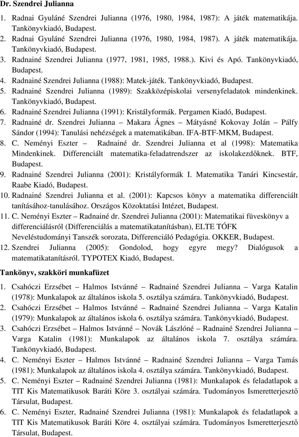 Radnainé Szendrei Julianna (1989): Szakközépiskolai versenyfeladatok mindenkinek. Tankönyvkiadó, 6. Radnainé Szendrei Julianna (1991): Kristályformák. Pergamen Kiadó, 7. Radnainé dr.