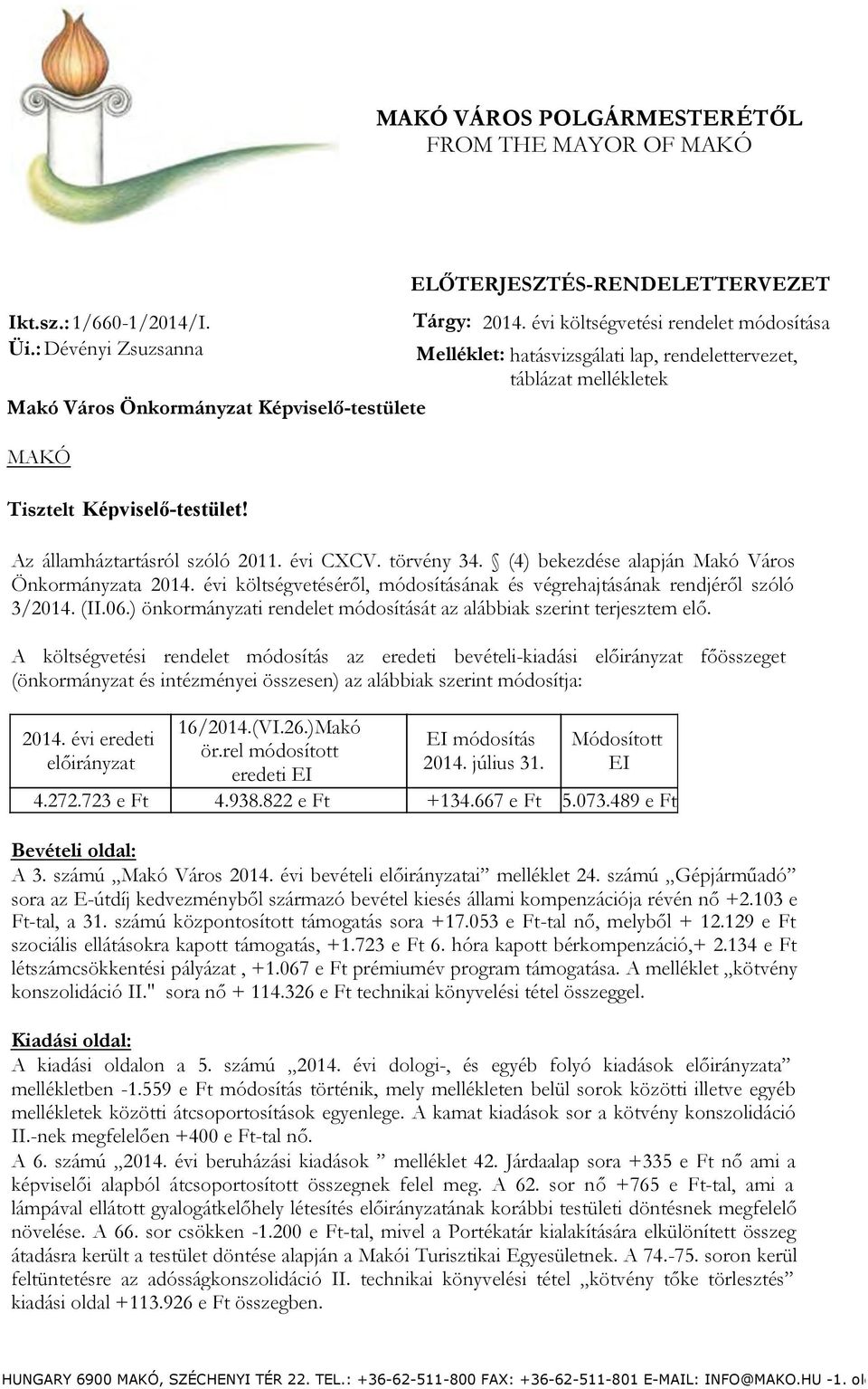 évi CXCV. törvény 34. (4) bekezdése alapján Makó Város Önkormányzata 214. évi költségvetéséről, módosításának és végrehajtásának rendjéről szóló 3/214. (II.6.