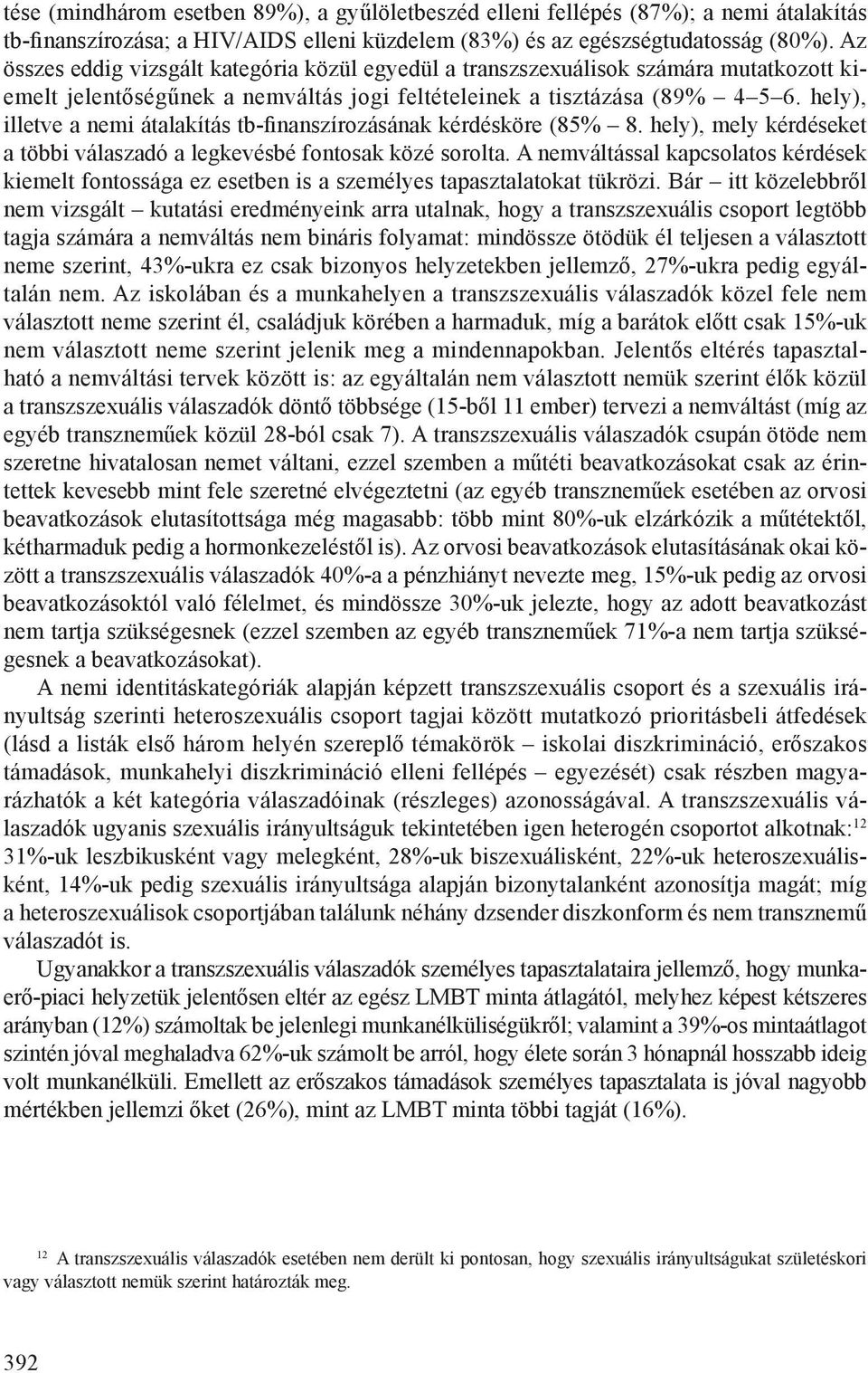 hely), illetve a nemi átalakítás tb-finanszírozásának kérdésköre (85% 8. hely), mely kérdéseket a többi válaszadó a legkevésbé fontosak közé sorolta.