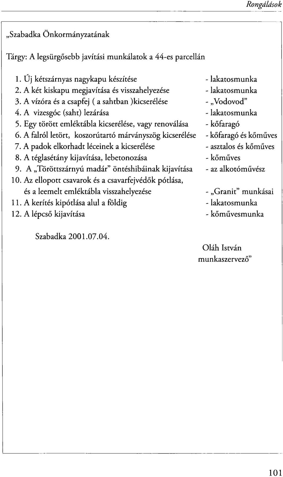 A padok elkorhadt léceinek a kicserélése 8. A téglasétány kijavítása, lebetonozása 9. A Töröttszárnyú madár öntéshibáinak kijavítása 10.