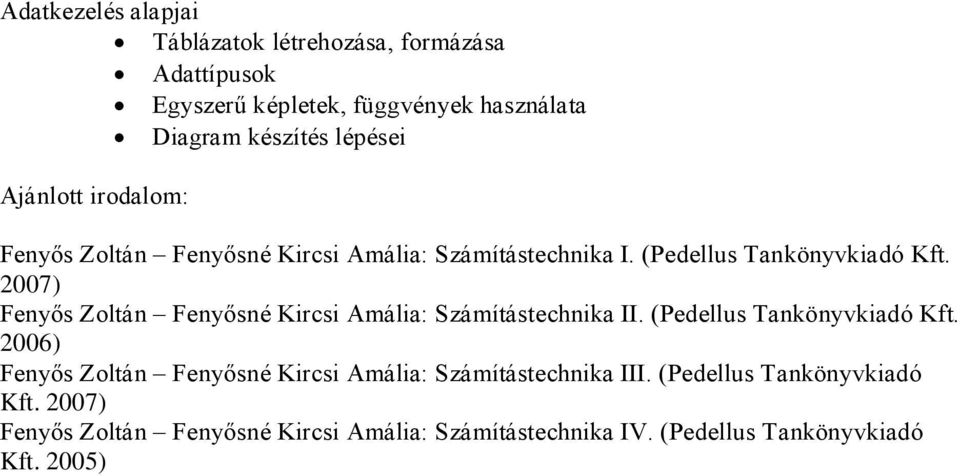 2007) Fenyős Zoltán Fenyősné Kircsi Amália: Számítástechnika II. (Pedellus Tankönyvkiadó Kft.