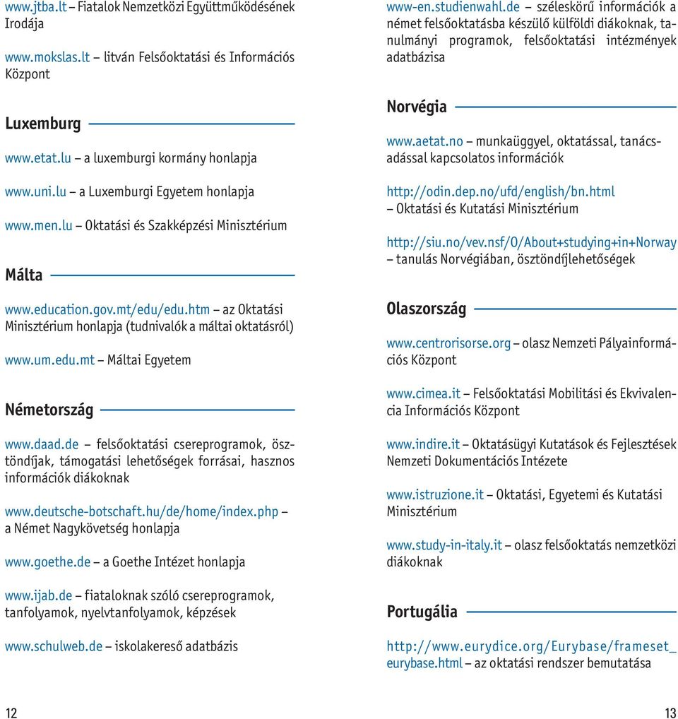 daad.de felsőoktatási csereprogramok, ösztöndíjak, támogatási lehetőségek forrásai, hasznos információk diákoknak www.deutsche-botschaft.hu/de/home/index.php a Német Nagykövetség honlapja www.goethe.