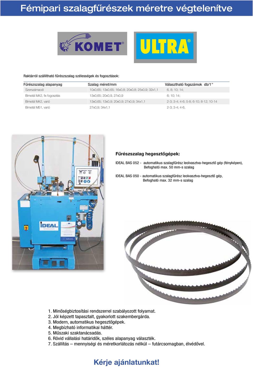 6-10; 8-12; 10-14 Bimetál M51, varió 27x0,9; 34x1,1 2-3; 3-4; 4-6, Fűrészszalag hegesztőgépek: IDEAL BAS 052 - automatikus szalagfűrész leolvasztva-hegesztő gép (fényképen), Befogható max.