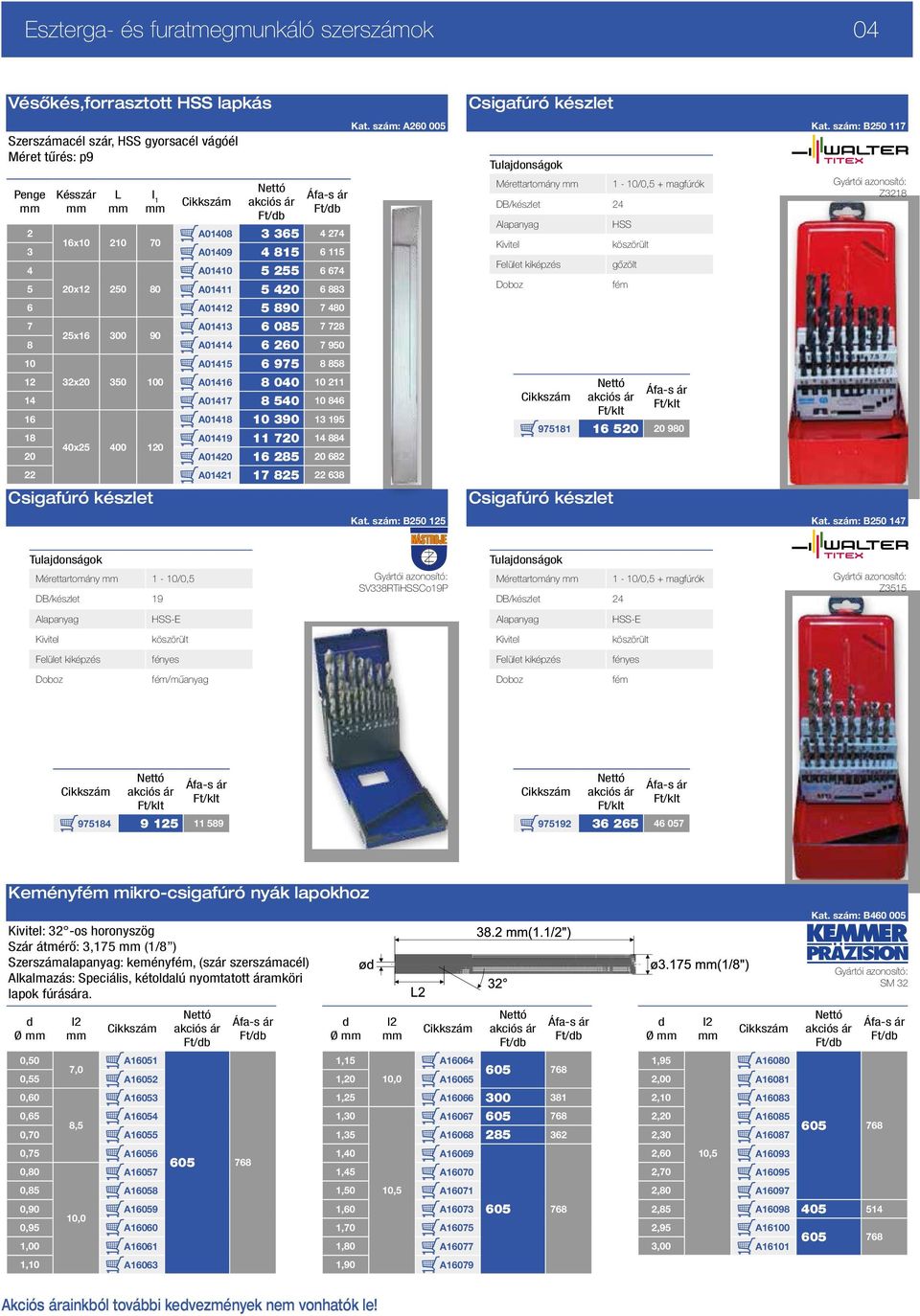 540 10 846 16 A01418 10 390 13 195 18 A01419 11 720 14 884 40x25 400 120 20 A01420 16 285 20 682 22 A01421 17 825 22 638 Csigafúró készlet l 1 Kat. szám: A260 005 Kat.