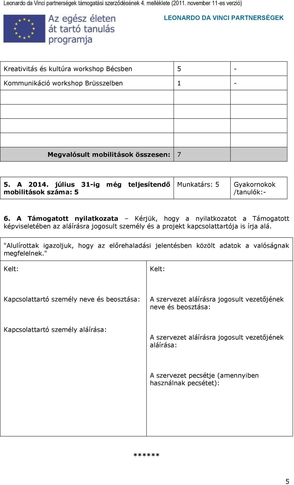 A Támogatott nyilatkozata Kérjük, hogy a nyilatkozatot a Támogatott képviseletében az aláírásra jogosult személy és a projekt kapcsolattartója is írja alá.