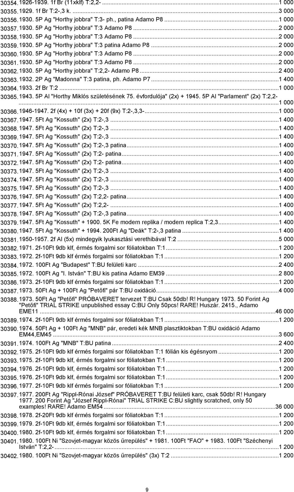 1930. 5P Ag "Horthy jobbra" T:2,2- Adamo P8...2 400 30363.1932. 2P Ag "Madonna" T:3 patina, ph. Adamo P7...1 400 30364.1933. 2f Br T:2...1 000 30365.1943. 5P Al "Horthy Miklós születésének 75.