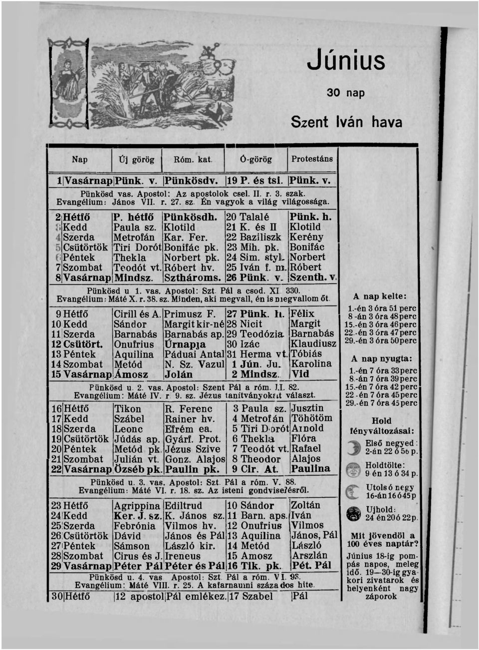 Klotild Kar. Fer. Bonifác pk. Norbert pk. Róbert hv. Szthároms. 20 Talalé 21 K. és II 22 Baziliszk 23 Mih. pk. 24 Sim. styl 25 Iván f. DÍ. 26 Pünk. v. Pünk. h. Klotild Kerény Bonifác Norbert Róbert Szenth.