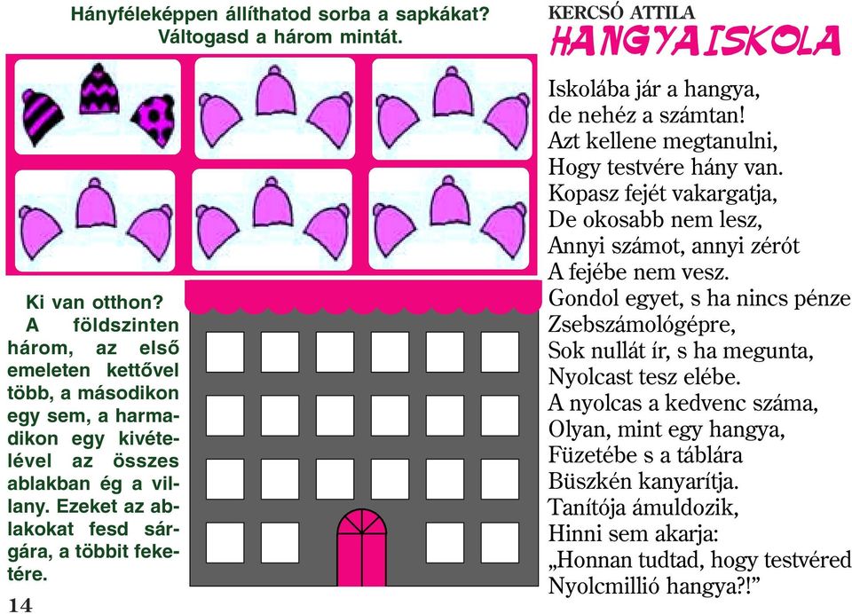 KERCSÓ ATTILA HANGYAISKOLA Iskolába jár a hangya, de nehéz a számtan! Azt kellene megtanulni, Hogy testvére hány van.