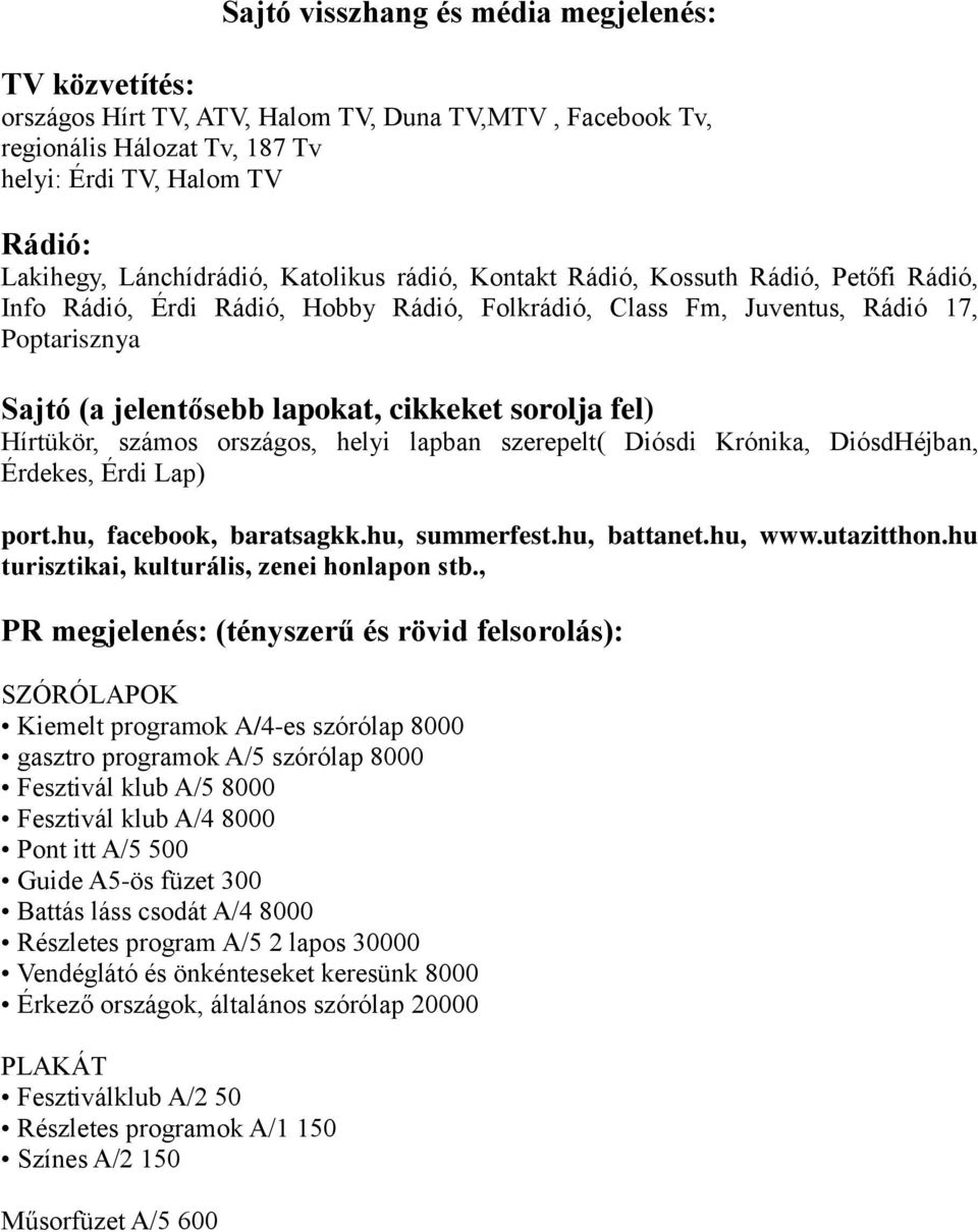 fel) Hírtükör, számos országos, helyi lapban szerepelt( Diósdi Krónika, DiósdHéjban, Érdekes, Érdi Lap) port.hu, facebook, baratsagkk.hu, summerfest.hu, battanet.hu, www.utazitthon.