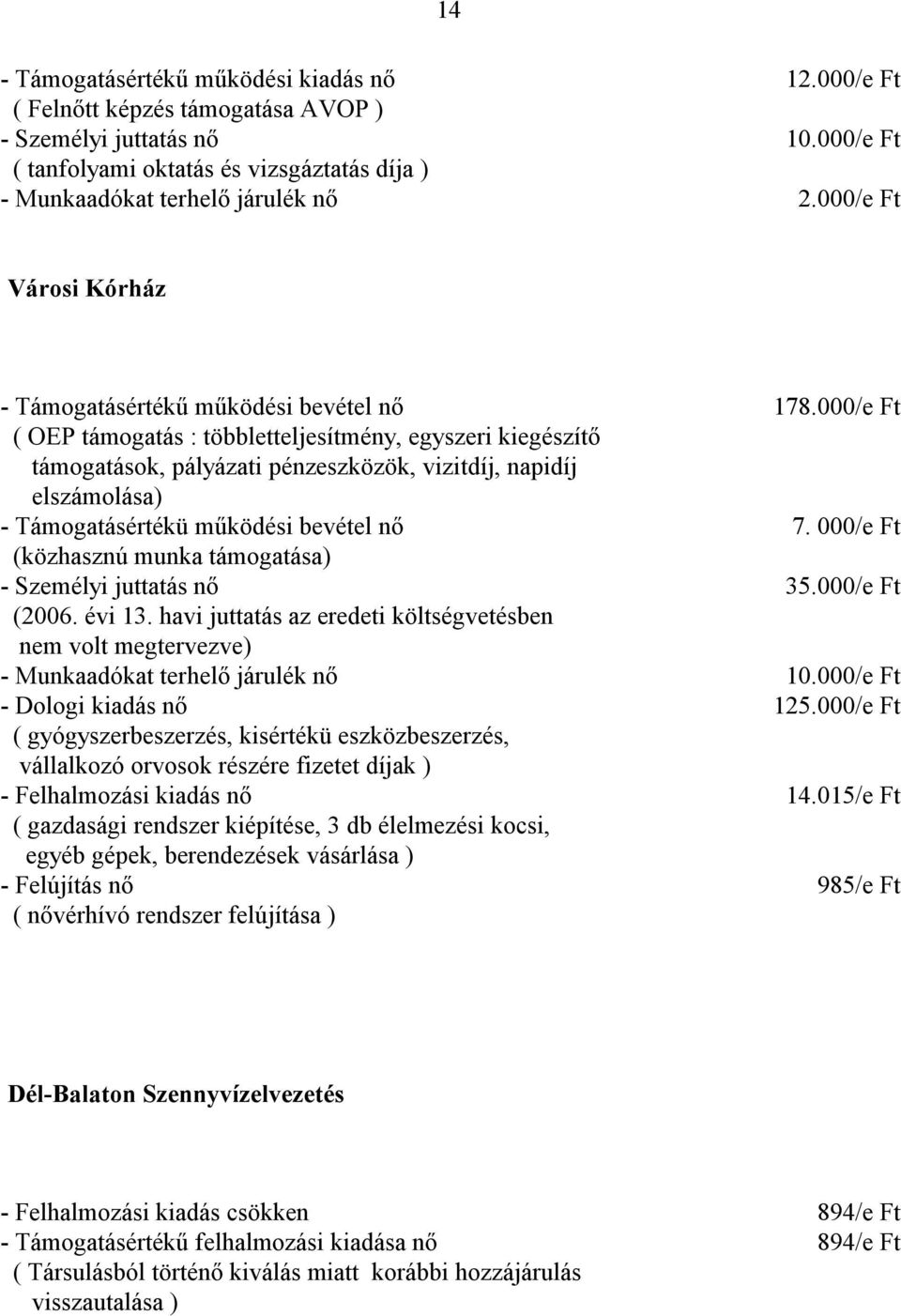 000/e Ft ( OEP támogatás : többletteljesítmény, egyszeri kiegészítő támogatások, pályázati pénzeszközök, vizitdíj, napidíj elszámolása) - Támogatásértékü működési bevétel nő 7.