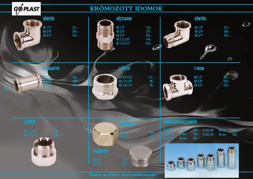 1/2-3/8 98, KB 3/8-1/4 98, BB 1/2 395, BB 3/8 250, BB 3/4 470, SZÛKÍTÔ ZÁRÓKUPAK KRÓM CSAPHOSSZABBÍTÓ BK 1/2-3/8 118, BK 3/4-1/2 128, BB