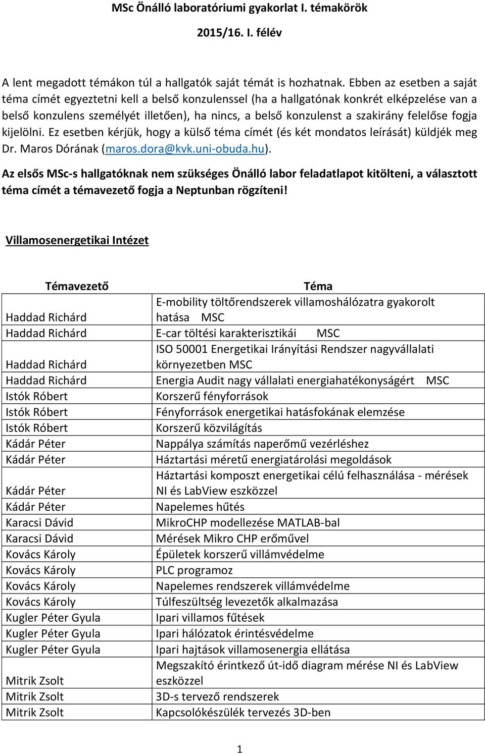 felelőse fogja kijelölni. Ez esetben kérjük, hogy a külső téma címét (és két mondatos leírását) küldjék meg Dr. Maros Dórának (maros.dora@kvk.uni-obuda.hu).