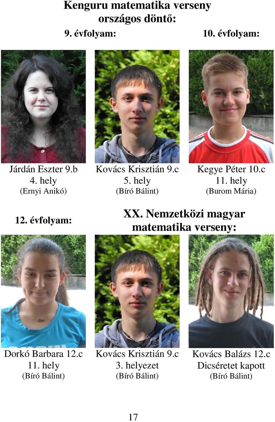 hely (Burom Mária) 12. évfolyam: XX. Nemzetközi magyar matematika verseny: Dorkó Barbara 12.c 11.