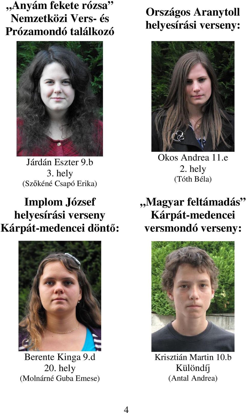 hely (Szőkéné Csapó Erika) Implom József helyesírási verseny Kárpát-medencei döntő: Okos Andrea