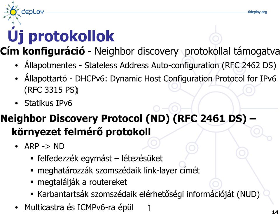 Protocol (ND) (RFC 2461 DS) környezet felmérő protokoll ARP -> ND felfedezzék egymást létezésüket meghatározzák szomszédaik