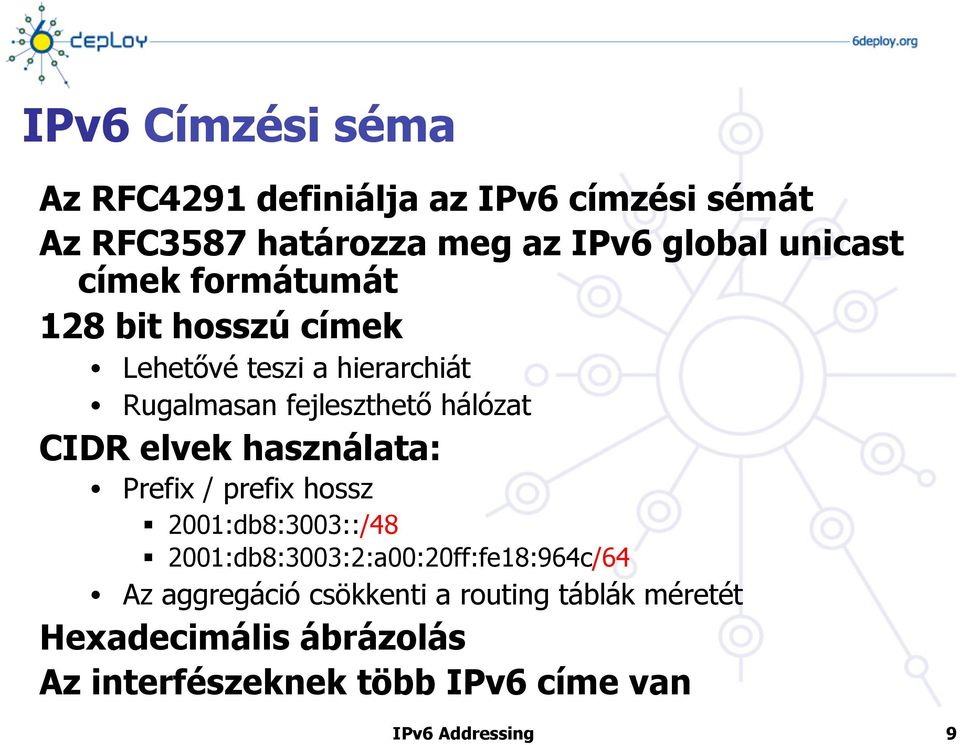 használata: Prefix / prefix hossz 2001:db8:3003::/48 2001:db8:3003:2:a00:20ff:fe18:964c/64 Az aggregáció