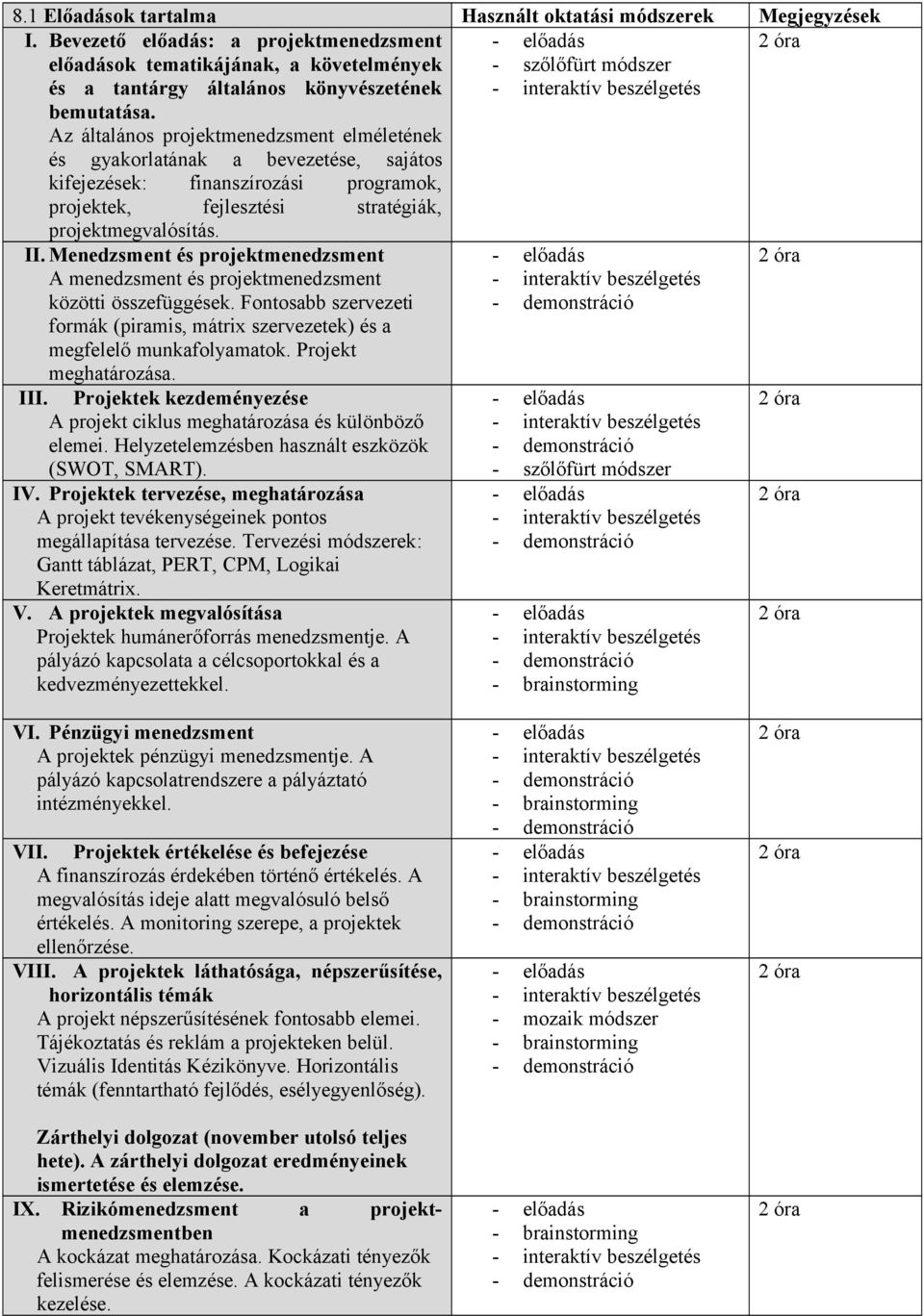 Az általános projektmenedzsment elméletének és gyakorlatának a bevezetése, sajátos kifejezések: finanszírozási programok, projektek, fejlesztési stratégiák, projektmegvalósítás. II.