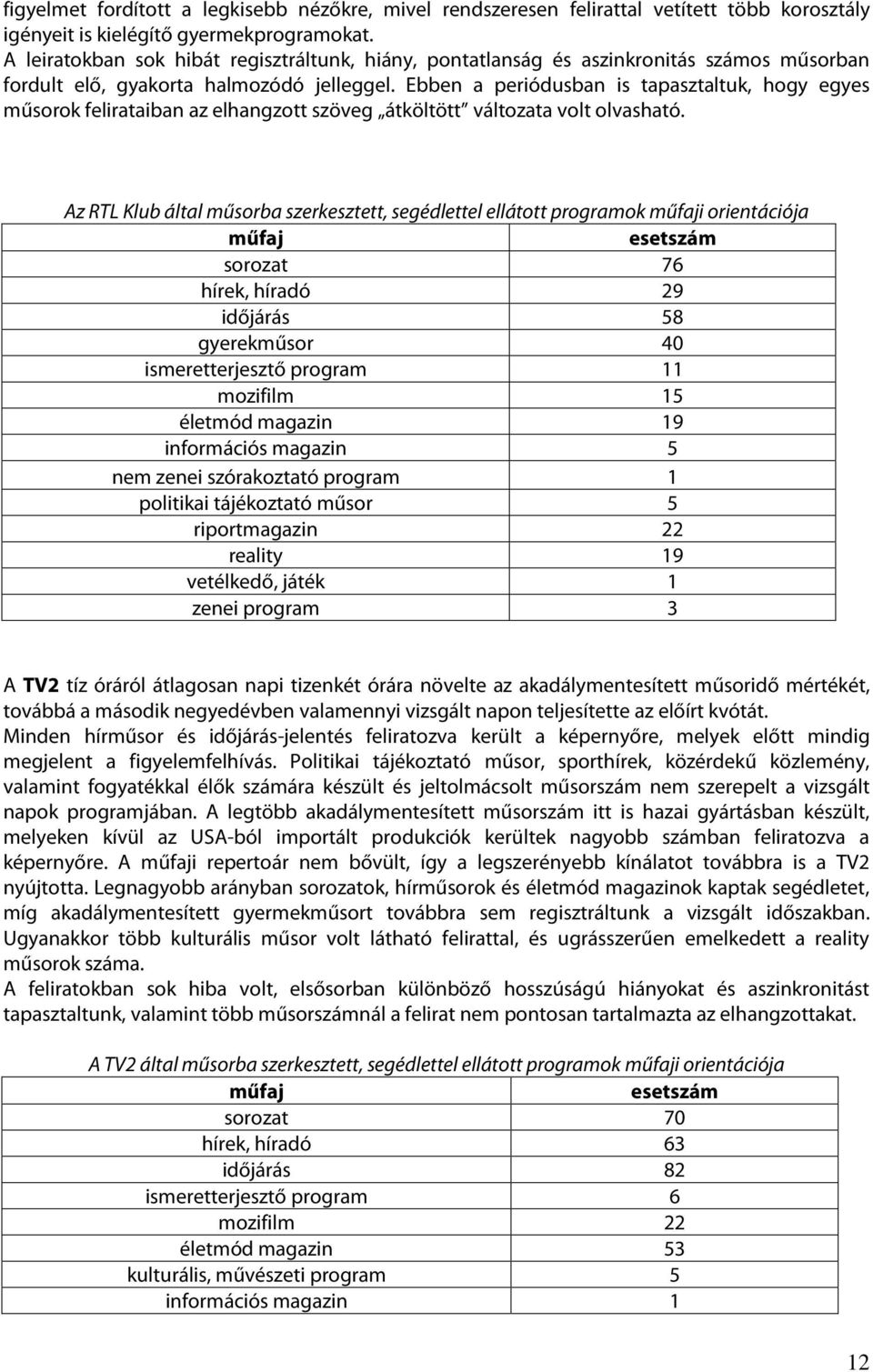 Ebben a periódusban is tapasztaltuk, hogy egyes műsorok felirataiban az elhangzott szöveg átköltött változata volt olvasható.