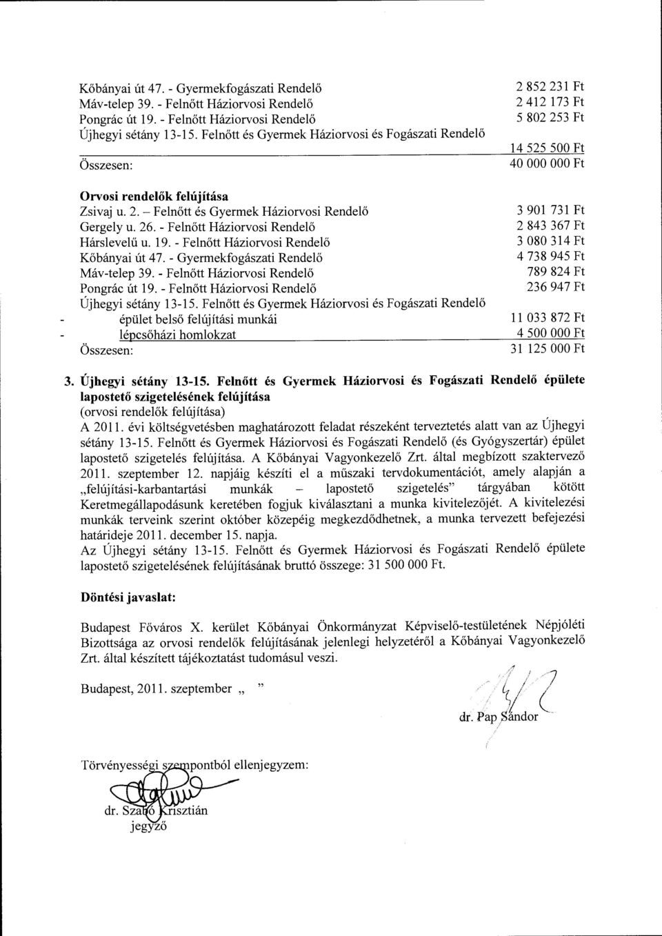 - Felnőtt Háziorvosi Rendelő Kőbányai út 47.- Gyermekfogászati Rendelő Máv-telep 39.- Felnőtt Háziorvosi Rendelő Pongrác út 19.- Felnőtt Háziorvosi Rendelő Újhegyi sétány 13-15.