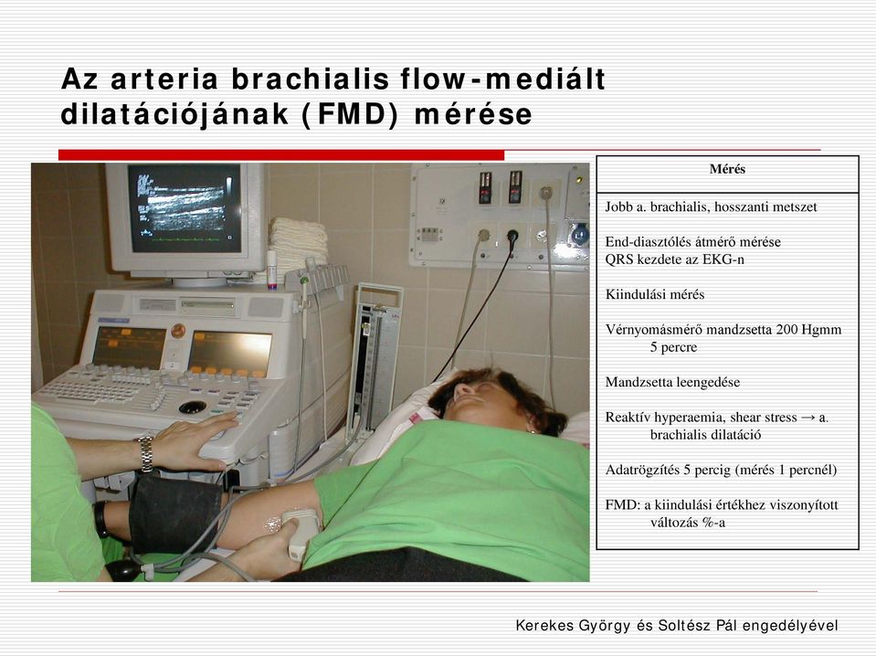 Vérnyomásmérő mandzsetta 200 Hgmm 5 percre Mandzsetta leengedése Reaktív hyperaemia, shear stress a.