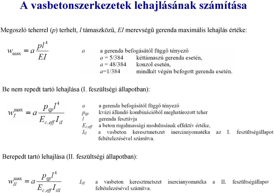 lehajlás értéke: Be nem repedt tartó lehajlása (I.