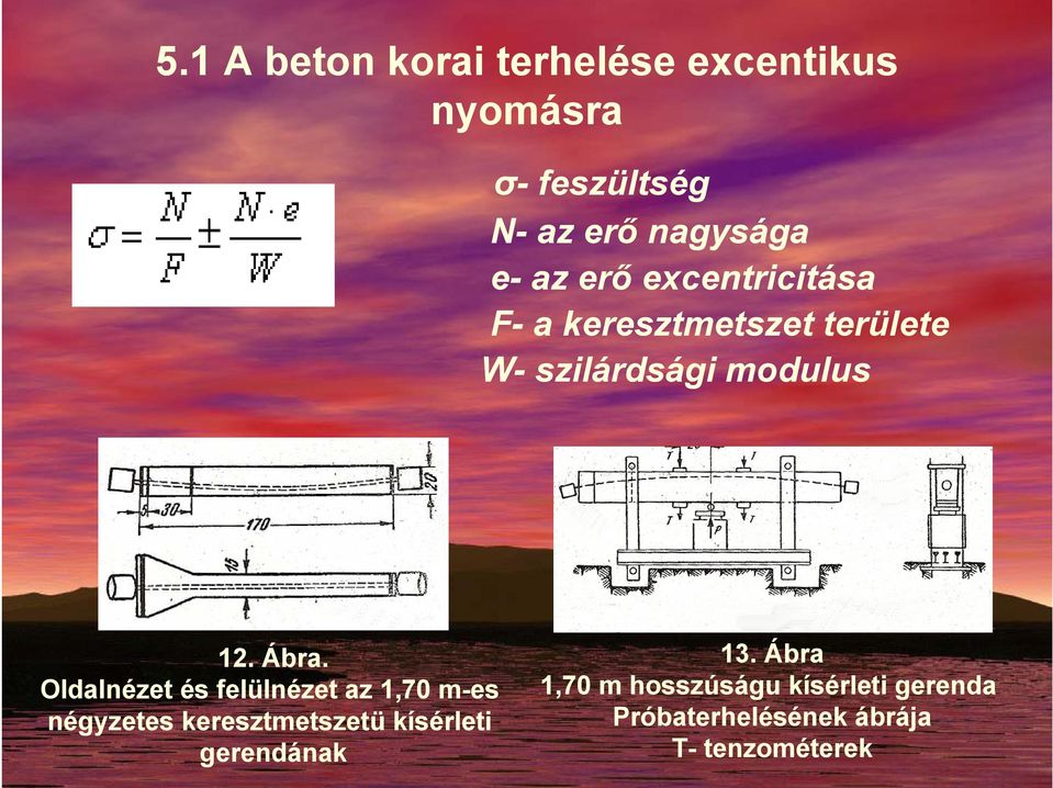 Oldalnézet és felülnézet az 1,70 m-es négyzetes keresztmetszetü kísérleti gerendának