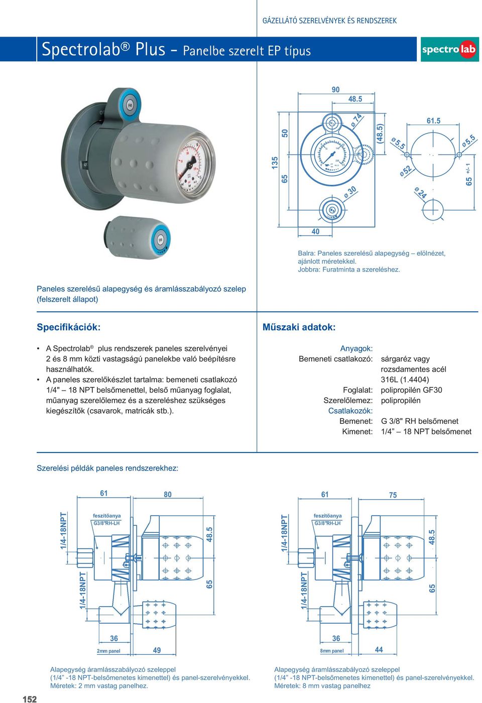 Paneles szerelésû alapegység és áramlásszabályozó szelep (felszerelt állapot) A Spectrolab plus rendszerek paneles szerelvényei és 8 mm közti vastagságú panelekbe való beépítésre használhatók.