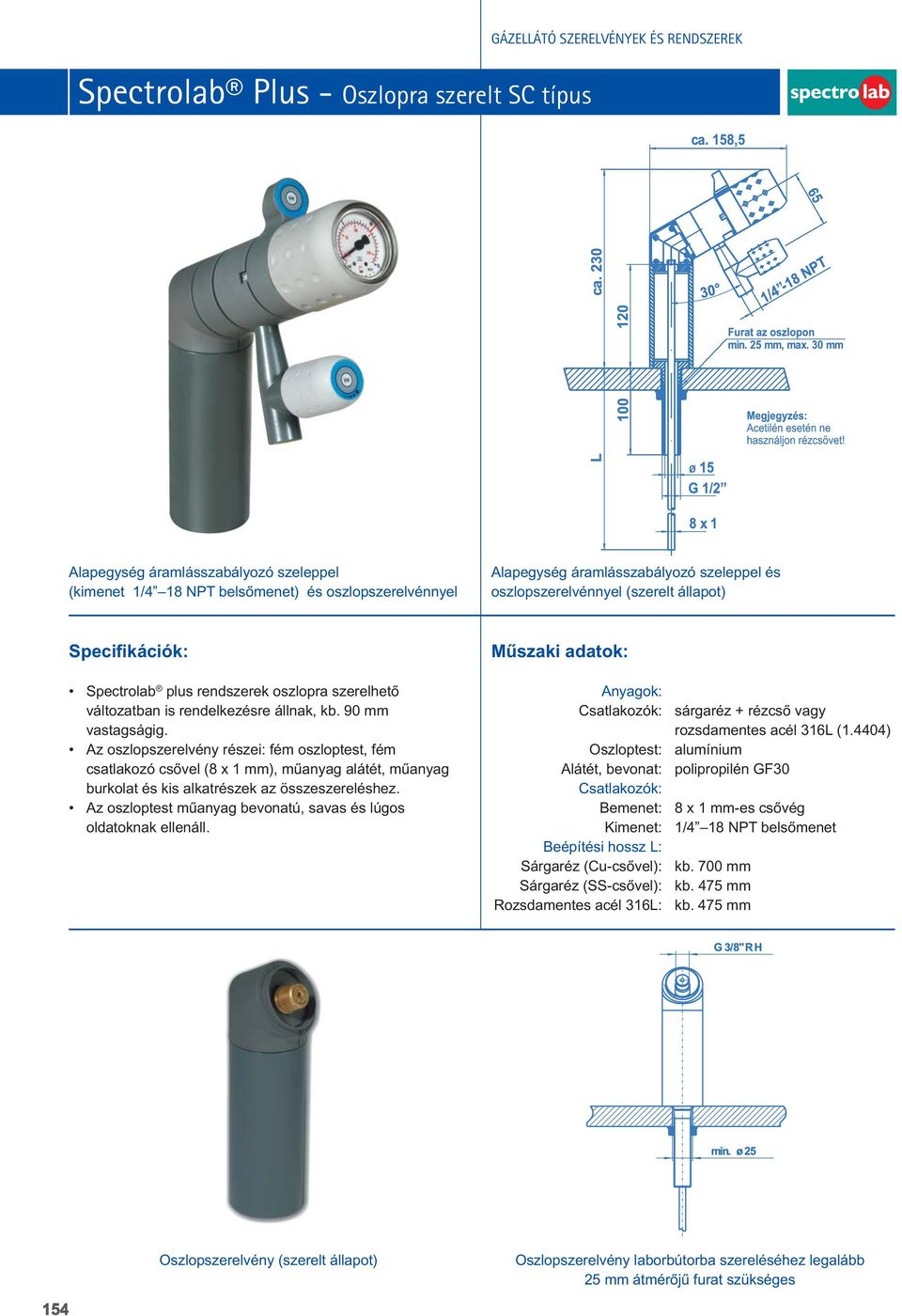 Az oszlopszerelvény részei: fém oszloptest, fém csatlakozó csôvel (8 x mm), mûanyag alátét, mûanyag burkolat és kis alkatrészek az összeszereléshez.