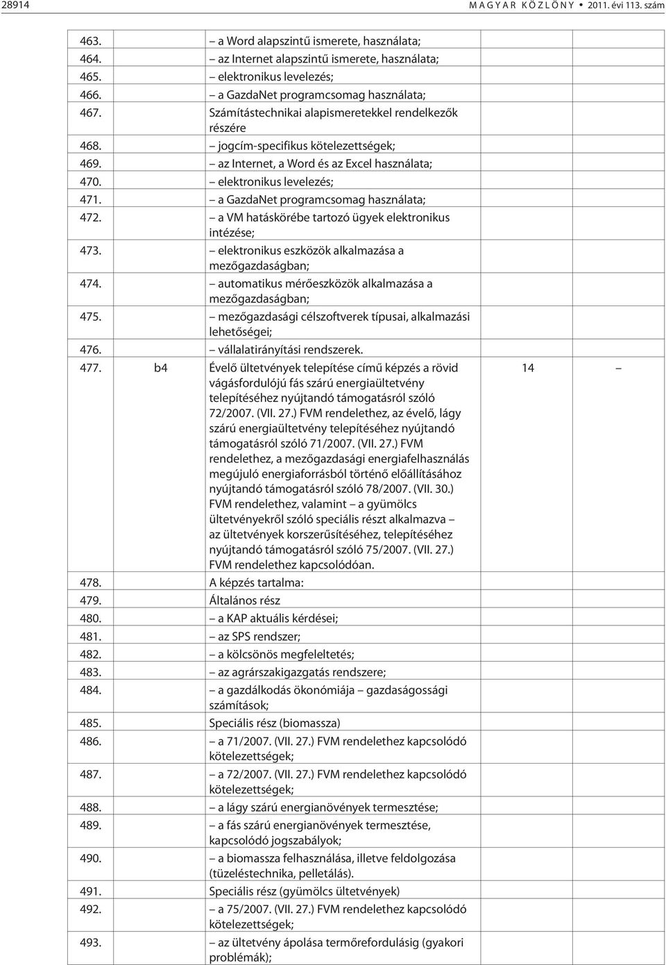 elektronikus levelezés; 471. a GazdaNet programcsomag használata; 472. a VM hatáskörébe tartozó ügyek elektronikus intézése; 473. elektronikus eszközök alkalmazása a mezõgazdaságban; 474.