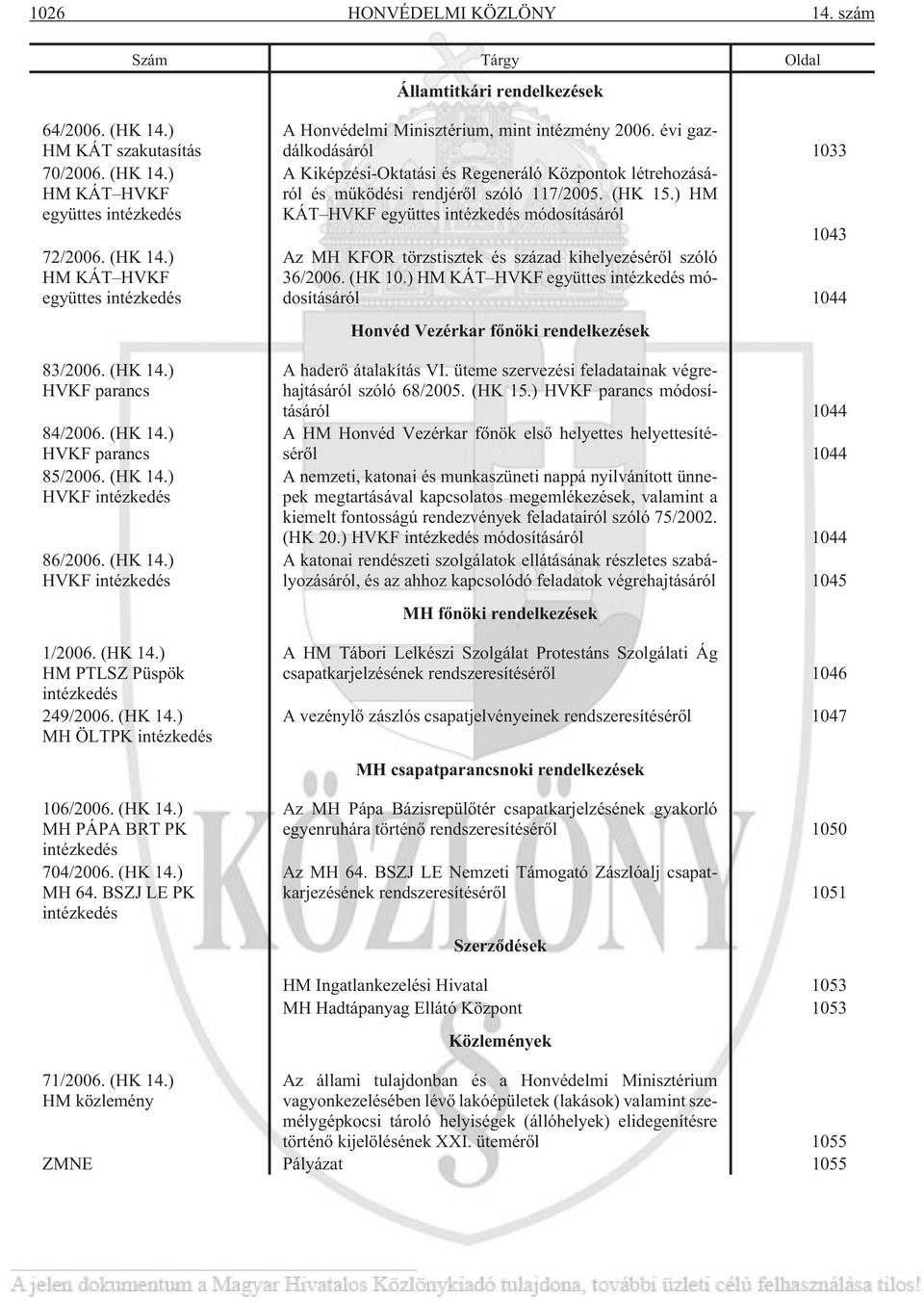 (HK 14.) MH PÁPA BRT PK intézkedés 704/2006. (HK 14.) MH 64. BSZJ LE PK intézkedés A Honvédelmi Minisztérium, mint intézmény 2006.