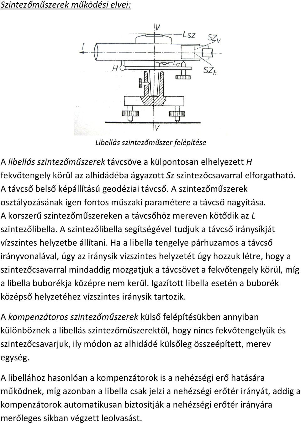 A korszerű szintezőműszereken a távcsőhöz mereven kötődik az L szintezőlibella. A szintezőlibella segítségével tudjuk a távcső iránysíkját vízszintes helyzetbe állítani.