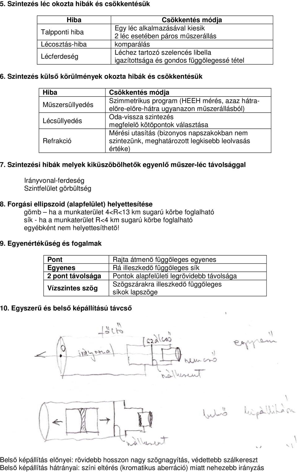 Szintezés külső körülmények okozta hibák és csökkentésük Hiba Műszersüllyedés Lécsüllyedés Refrakció Csökkentés módja Szimmetrikus program (HEEH mérés, azaz hátraelőre-előre-hátra ugyanazon