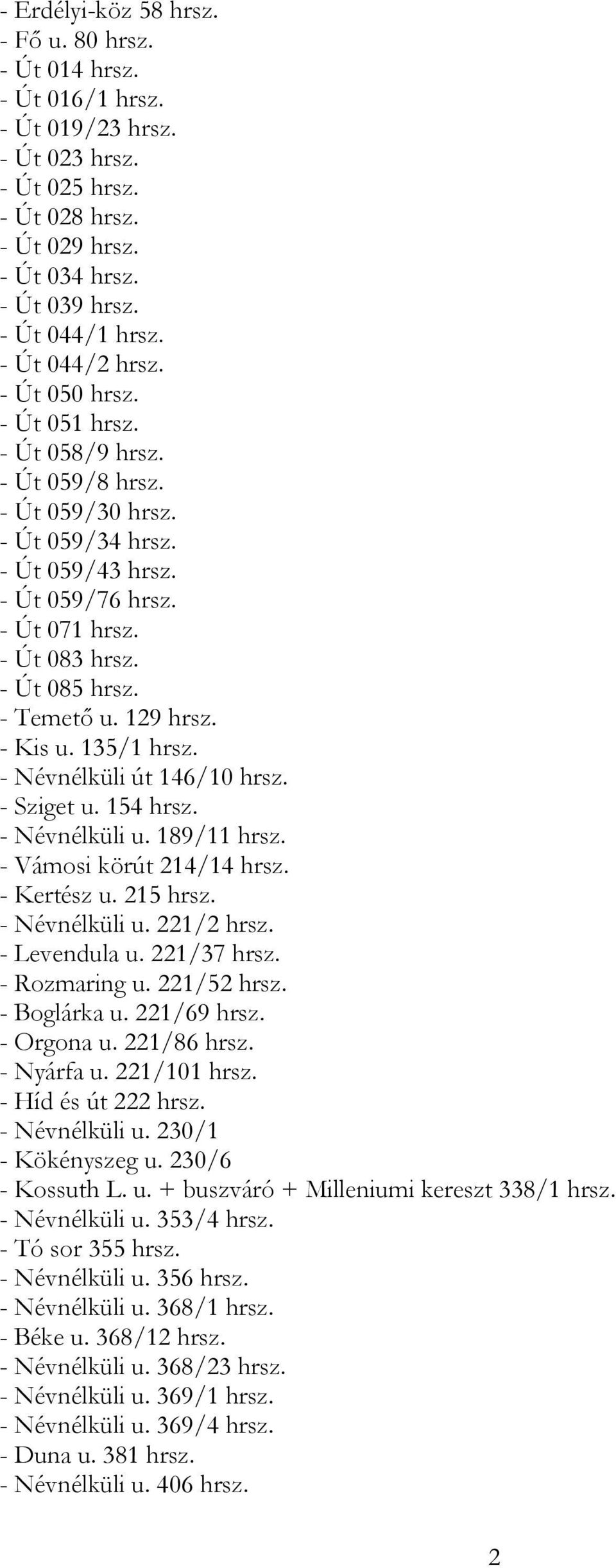 - Temető u. 129 hrsz. - Kis u. 135/1 hrsz. - Névnélküli út 146/10 hrsz. - Sziget u. 154 hrsz. - Névnélküli u. 189/11 hrsz. - Vámosi körút 214/14 hrsz. - Kertész u. 215 hrsz. - Névnélküli u. 221/2 hrsz.