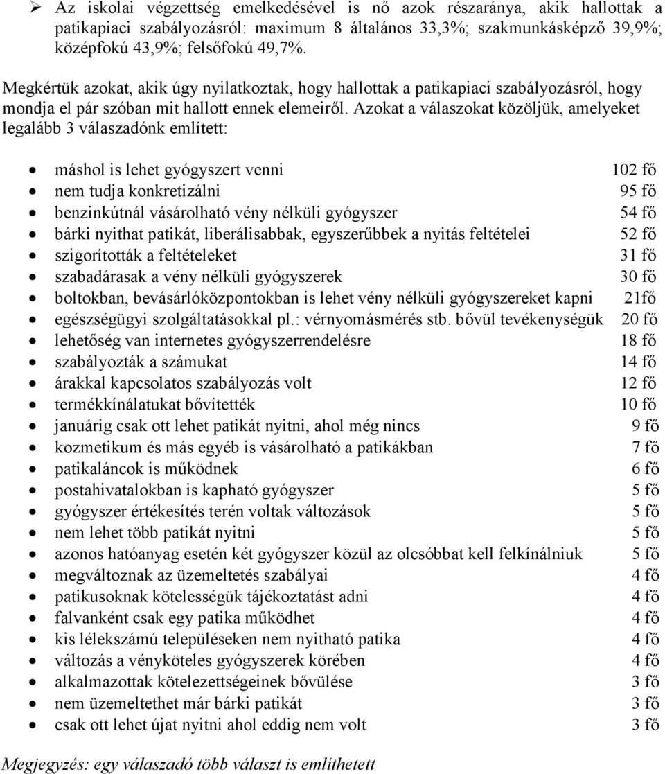 Azokat a válaszokat közöljük, amelyeket legalább 3 válaszadónk említett: máshol is lehet gyógyszert venni 102 fı nem tudja konkretizálni 95 fı benzinkútnál vásárolható vény nélküli gyógyszer 54 fı