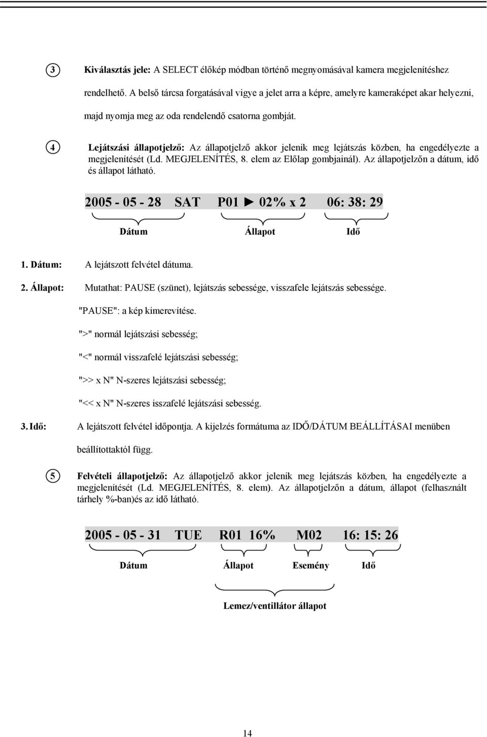 4 Lejátszási állapotjelző: Az állapotjelző akkor jelenik meg lejátszás közben, ha engedélyezte a megjelenítését (Ld. MEGJELENÍTÉS, 8. elem az Előlap gombjainál).