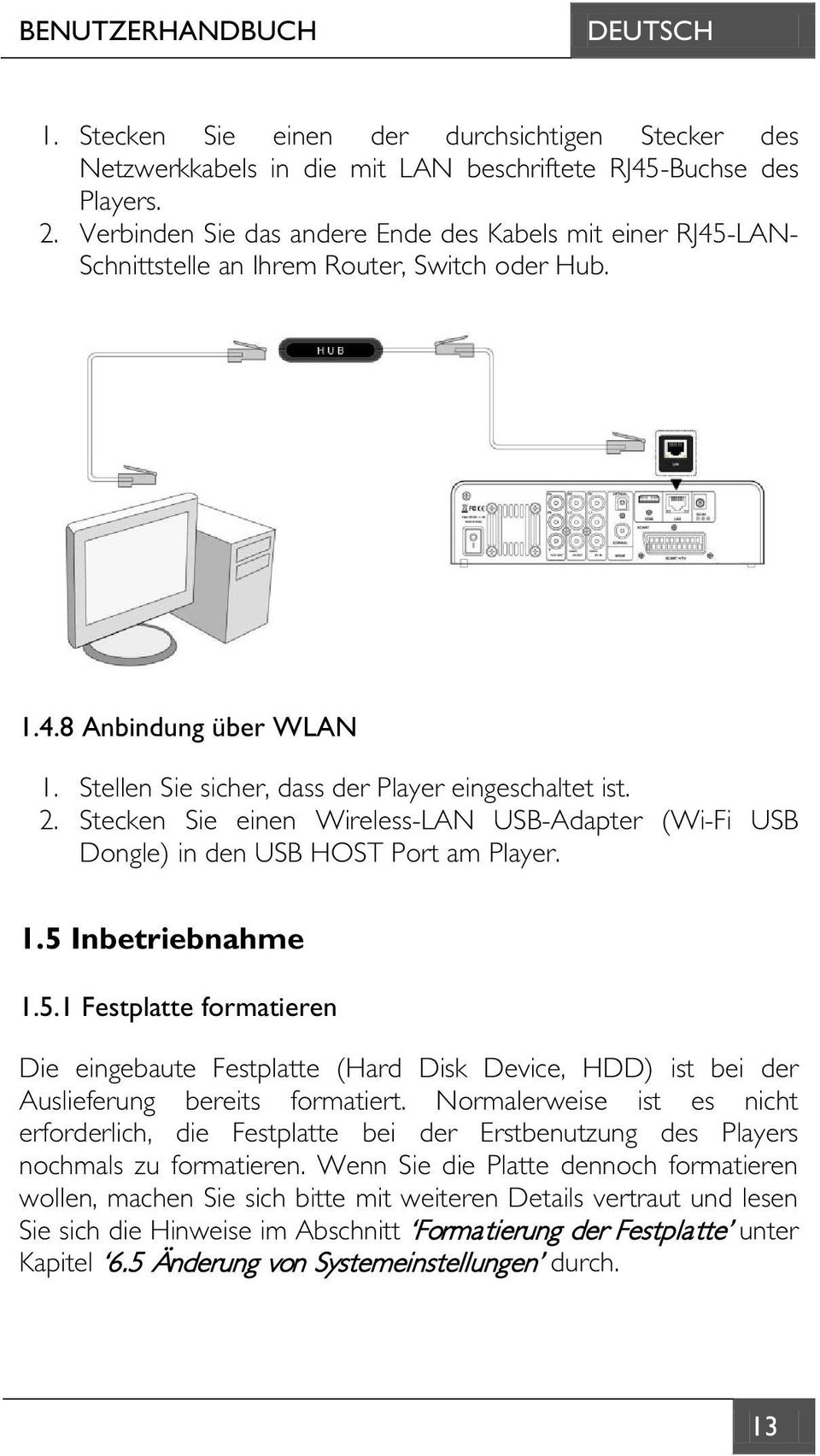 Stecken Sie einen Wireless-LAN USB-Adapter (Wi-Fi USB Dongle) in den USB HOST Port am Player. 1.5 