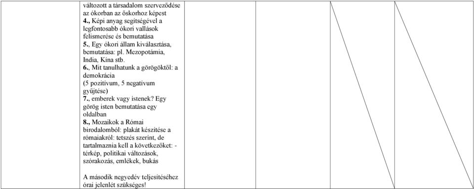 , Mit tanulhatunk a görögöktől: a demokrácia (5 pozitívum, 5 negatívum gyűjtése) 7., emberek vagy istenek? Egy görög isten bemutatása egy oldalban 8.