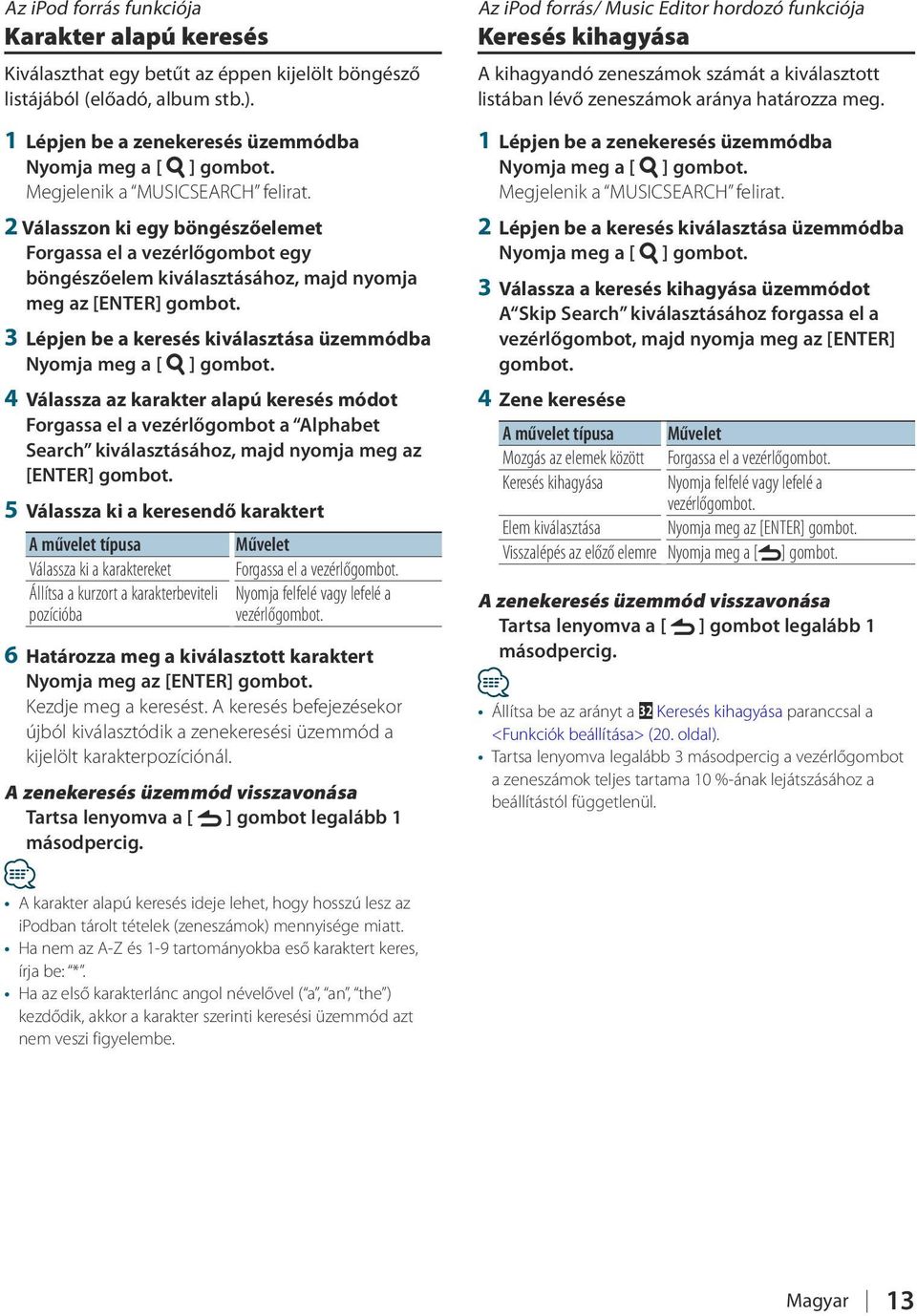 keresés módot Forgassa el a vezérlőgombot a Alphabet Search kiválasztásához, majd nyomja meg az [ENTER] 5 Válassza ki a keresendő karaktert A művelet típusa Művelet Válassza ki a karaktereket