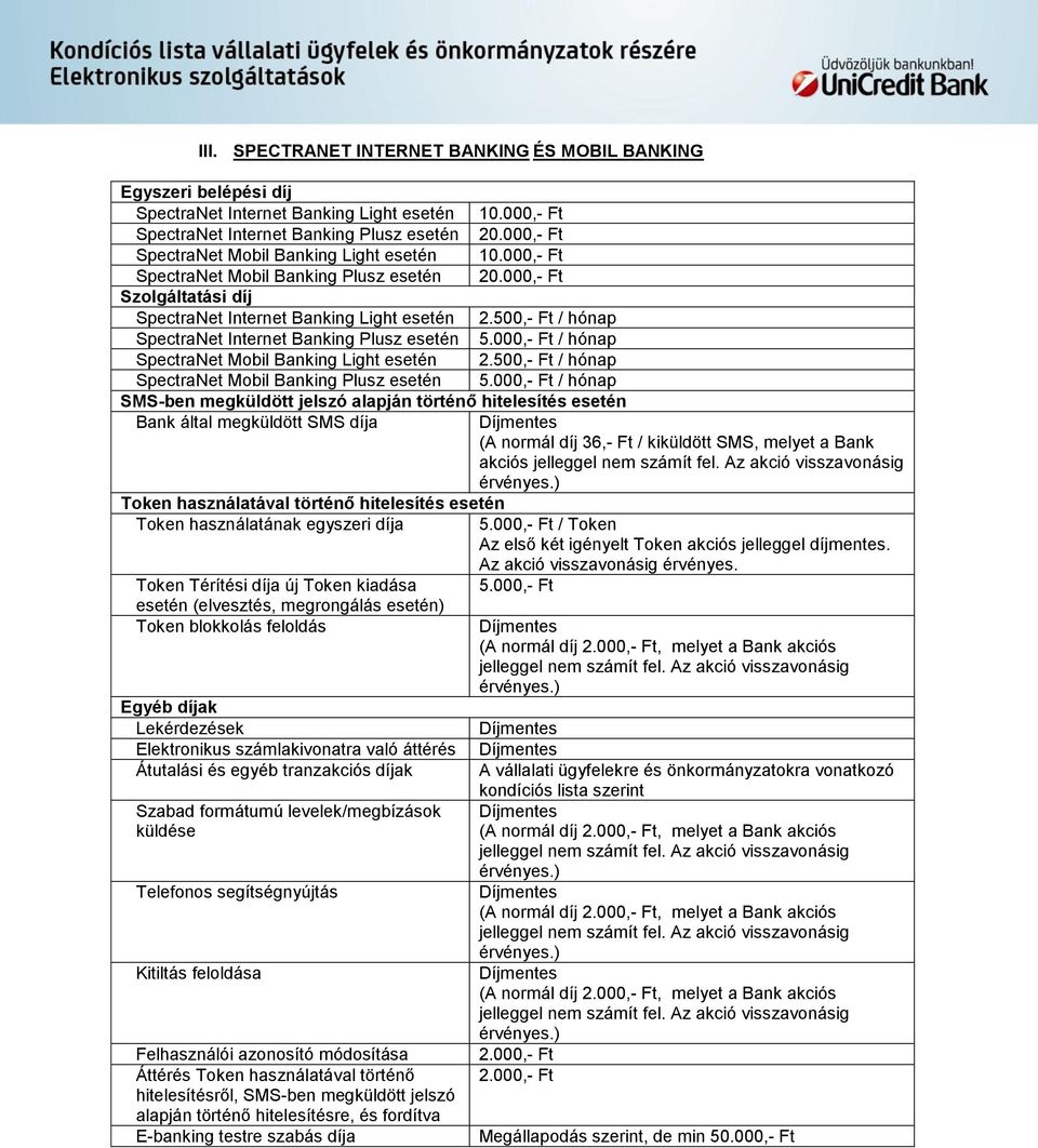 000,- Ft / hónap SpectraNet Mobil Banking Light esetén 2.500,- Ft / hónap SpectraNet Mobil Banking Plusz esetén 5.